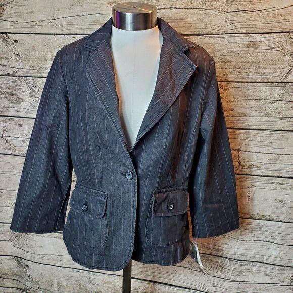 Larry Levine Blazer Striped One Button 3/4 Sleeve Pockets Jacket Size M - Picture 1 of 8